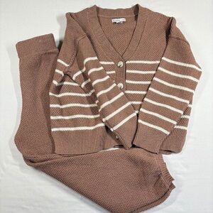 Brown and White Striped Knit Cardigan and Pants Set
